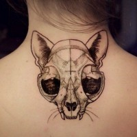 Awesome black gray cat skull tattoo on back