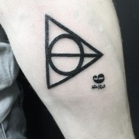 Awesome black ink big triangle with circle tattoo on forearm stylized with numbers