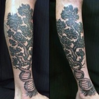 Awesome black ink DNA shaped big tree tattoo on leg