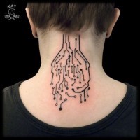 Awesome black ink neck tattoo of electronic schema