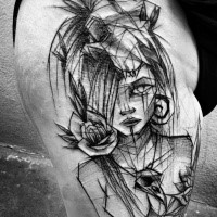 Awesome black ink sketch style thigh tattoo of ancient woman by Inez Janiak