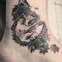 Awesome black lines sleeping fox tattoo on leg
