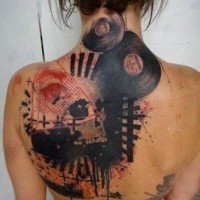 Awesome black red colors skull with gramophone records trash polka tattoo on back