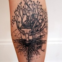 Tatuaje de árbol casa en la pierna