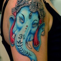 Awesome blue ganesha head tattoo on shoulder