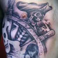 Awesome cartoon like painted colored skeleton pirate tattoo on chest