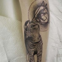 Awesome cat thinking of chicken paws tattoo by Valentin Hirsh