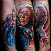 Awesome chucky movie horror tattoo on arm