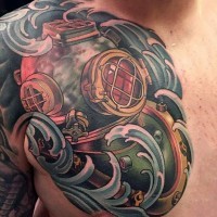 Awesome colored antic diver suit tattoo on shoulder