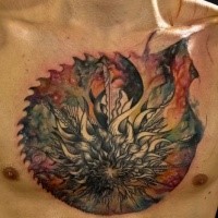 Awesome colored chest tattoo of big flower with gorgeous ornaments
