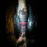 Awesome colored detailed forearm tattoo of samurai mask