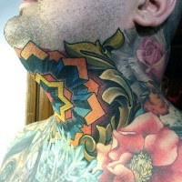 Awesome colored flower shaped ornament tattoo on neck