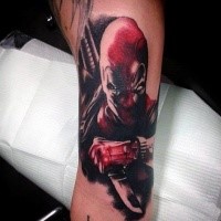 Awesome colored tattoo of angry Deadpool with small knife