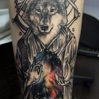 Awesome colored wolf magician tattoo on arm