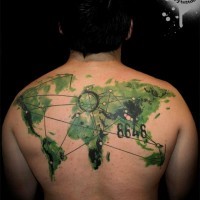 Awesome colored world map with route and lettering tattoo on upper back