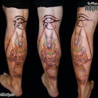 Awesome colorful anubis with eye ra tattoo on leg