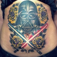 Awesome colorful Star Wars themed Darth Vaders helmet with crossed lightsabers tattoo