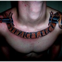 Awesome coloured dagger tattoo on collarbone