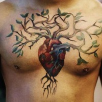 impressionante albero cresciuto da cuore tatuaggio sul petto