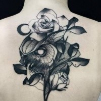 Awesome combined by Michele Zingales upper back tattoo of owl head with roses