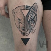 Awesome combined thigh tattoo of split animal heads with triangles by Valentin Hirsch