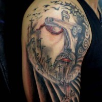 Awesome crucifixion of jesus tattoo on shoulder