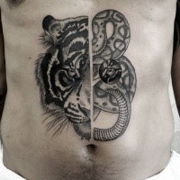 Awesome designed black ink Valentin Hirsch tattoo of split tiger and snake