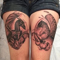 Awesome designed colored very detailed various fantasy birds tattoo on thighs
