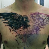 Awesome designed unfinished black and white crow tattoo on chest