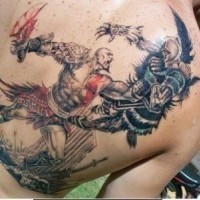 Awesome designed very detailed colored back tattoo of fighting barbarian