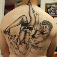 Awesome detailed big black ink vintage woman tattoo on back