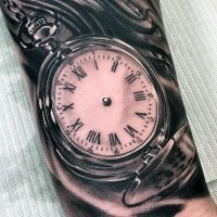 Awesome detailed black and white antic pocket clock tattoo on arm