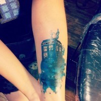 Awesome Doctor Who TV serial themed tattoo on forearm