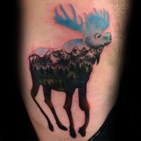 Awesome elk shaped colored tattoo stylized with mountain forest