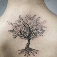 Awesome fantasy world big lonely tree tattoo on upper back