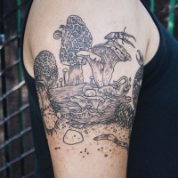 Awesome fantasy world tattoo on shoulder with mushrooms and various animals