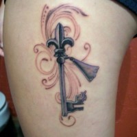 Awesome fleur de lis key and patterns tattoo on thigh