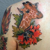 Awesome giraffe tattoo with flowers on shoulder