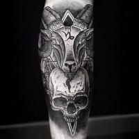 Awesome goat head and skull with sacred sumbols dotwork forearm tattoo