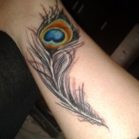 Tatuaje en el antebrazo,
pluma de pavo real gris realista