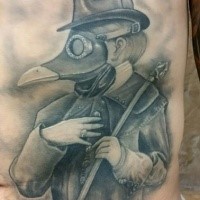 Awesome gray washed style side tattoo of plague doctor with big ring