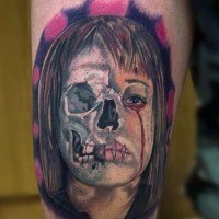 Awesome half skull half girl tattoo