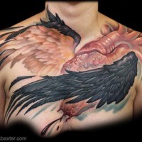 Awesome heart with wings of a bird tattoo on chest by Nick Baxter