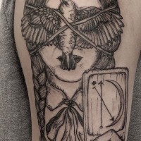 Awesome homemade like black ink cult woman with card tattoo on arm