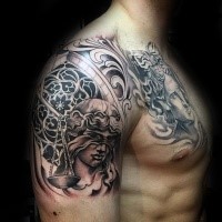 Awesome illustrative style black ink shoulder tattoo of Justice statue with libras