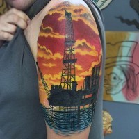 eccezionale colorato stile industriale torre del'olio tatuaggio a mezza manica