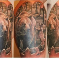 Awesome little girl and bear tattoo on half sleeve