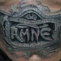 Awesome looking colored detailed belly tattoo of fantasy tablet with lettering