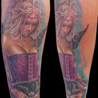 Awesome looking colored forearm tattoo of seductive woman with cat