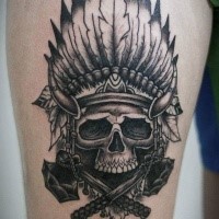 Awesome looking colored thigh tattoo of Indian skull with feather